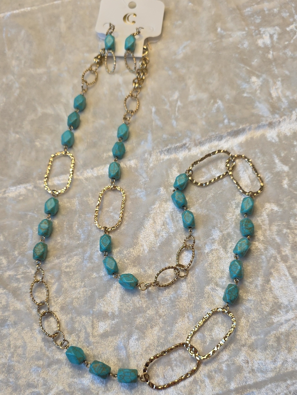 NWT Charming Charlie Gold & Turquoise Bead Long Boho  Necklace and Earring Set